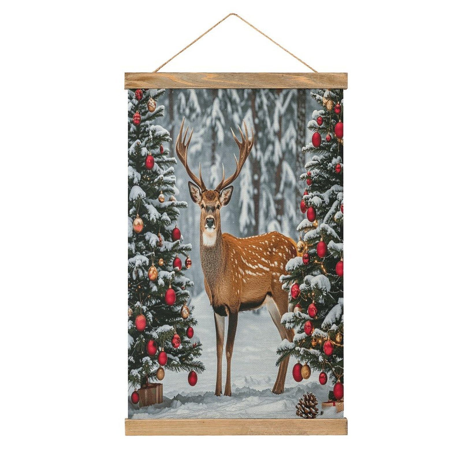 VstaDank Cow Deer Trees Christmas Hanging Poster with Wooden Frame Modern Linen Hanging Painting Retro Style Wall Decor Art Painting for Living Room,Bedroom Decor Poster Frame 20.4x13.1inch
