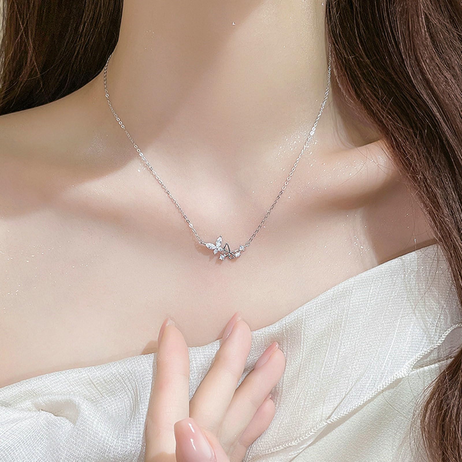Gualiy Damenkette Weißgold mit Anhänger, 9/14/18 Karat Ketten Schmetterling mit Moissanit Halsketten 40+5cm