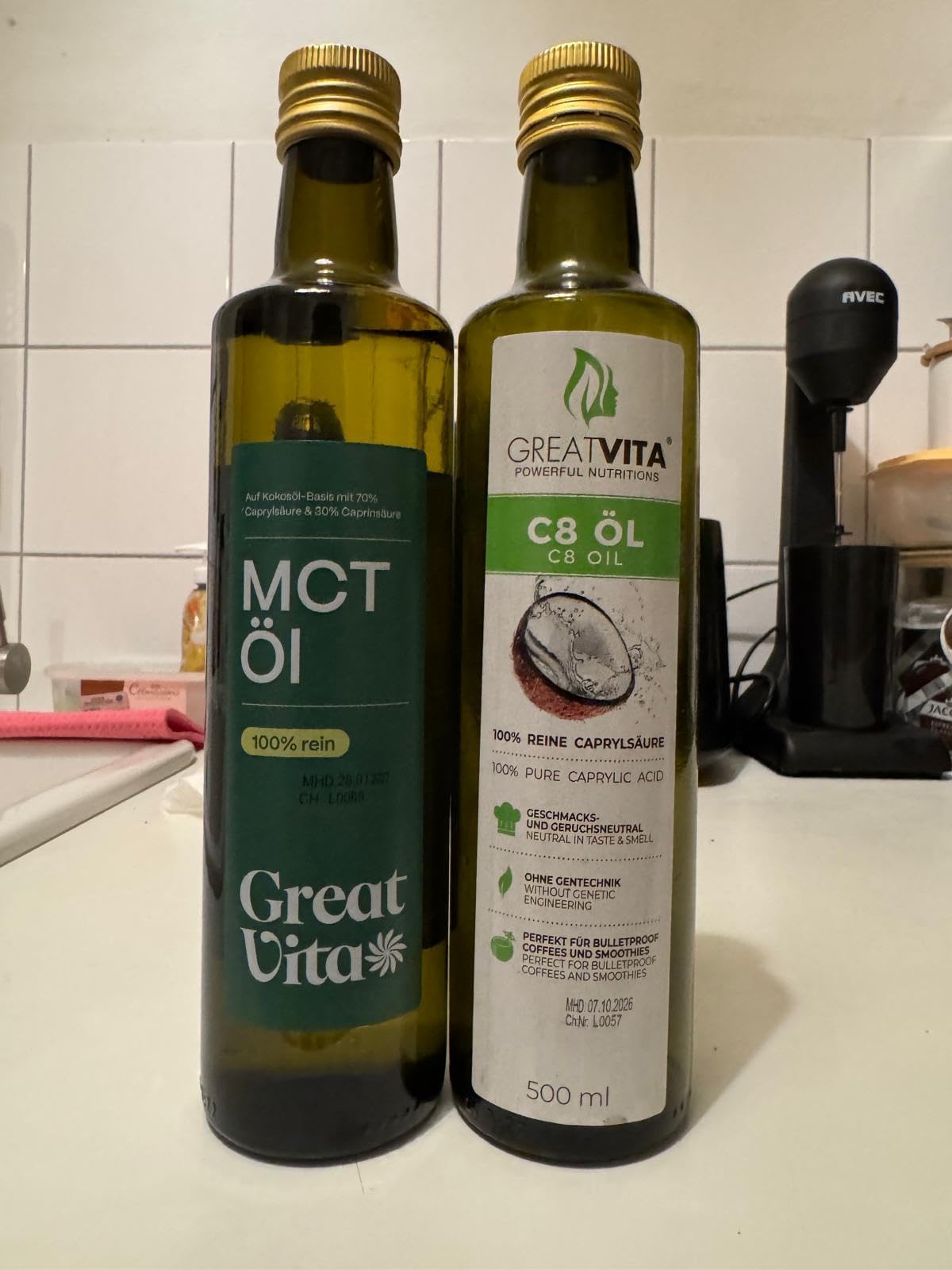 GreatVita MCT Öl auf Kokosölbasis 2x 500 ml | C8 & C10 Fettsäuren, Premium Qualität - 70% Caprylsäure & 30% Caprinsäure - Aufdruck kann variieren