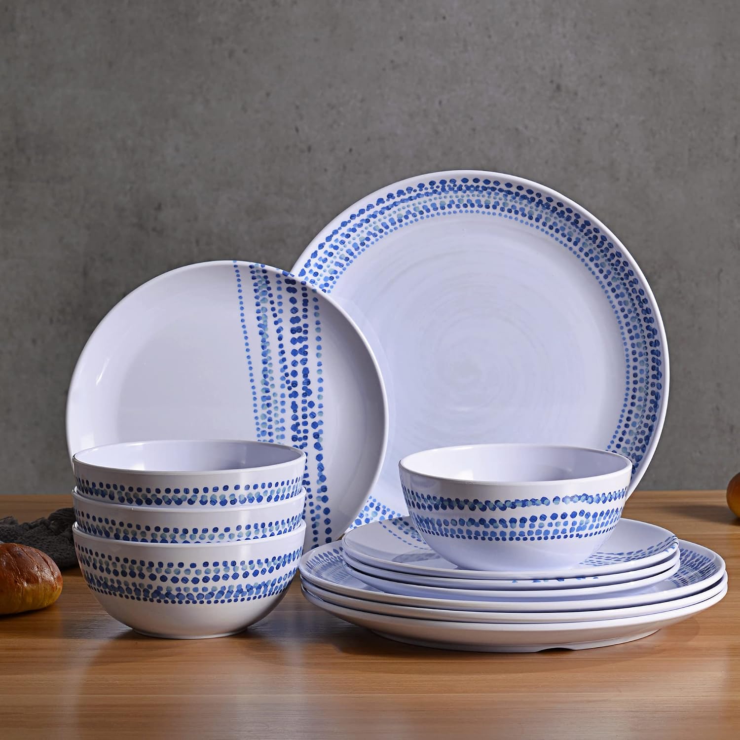 Exclusive Discount 80% Offer Melamine Dinnerware Set, 12pcs Dishes, Plates And Bowls, Dinnerware Sets Service for 4 Dishwasher Safe BPA Free Raindrop Design