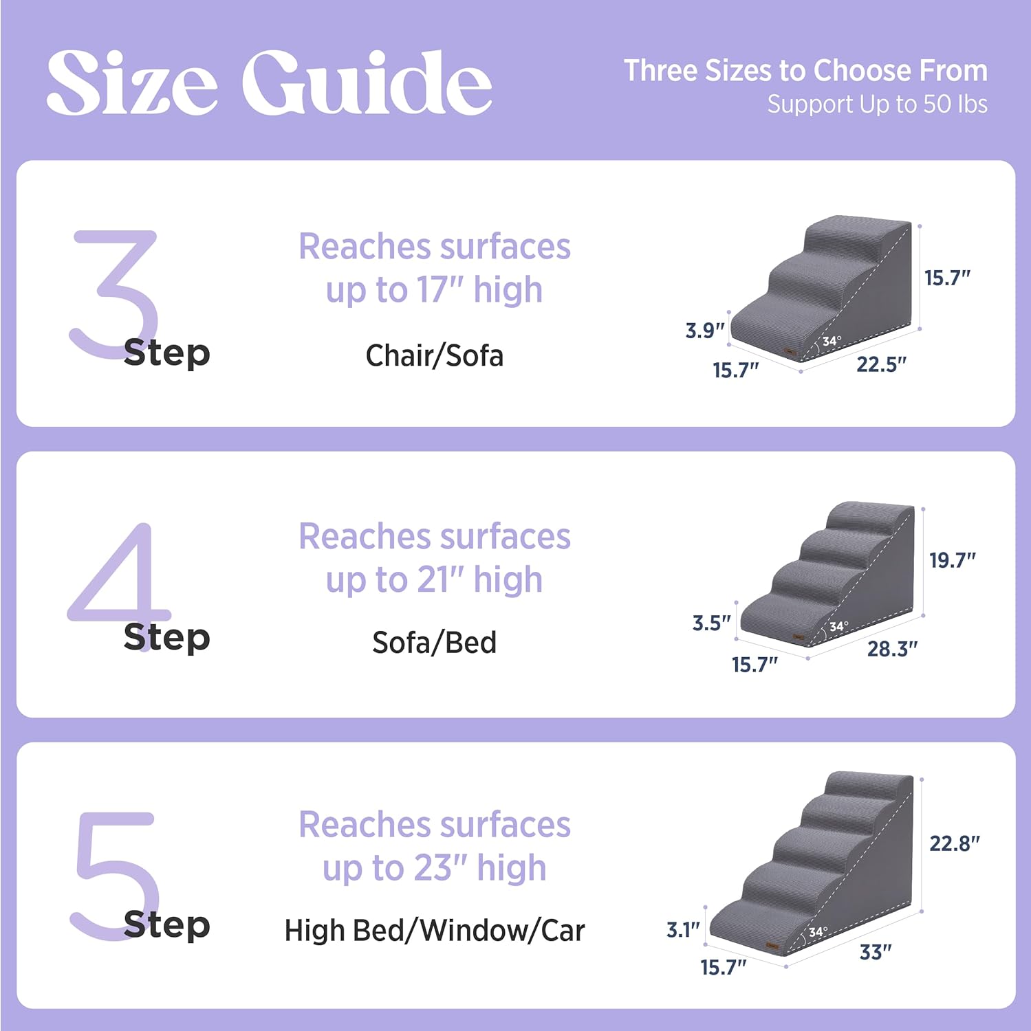 Lesure Dog Stairs for Small Dogs Pet Steps Ramp for High Bed and Couch with CertiPUR-US Certified Foam with Non-Slip Bottom, Grey, 4 Steps