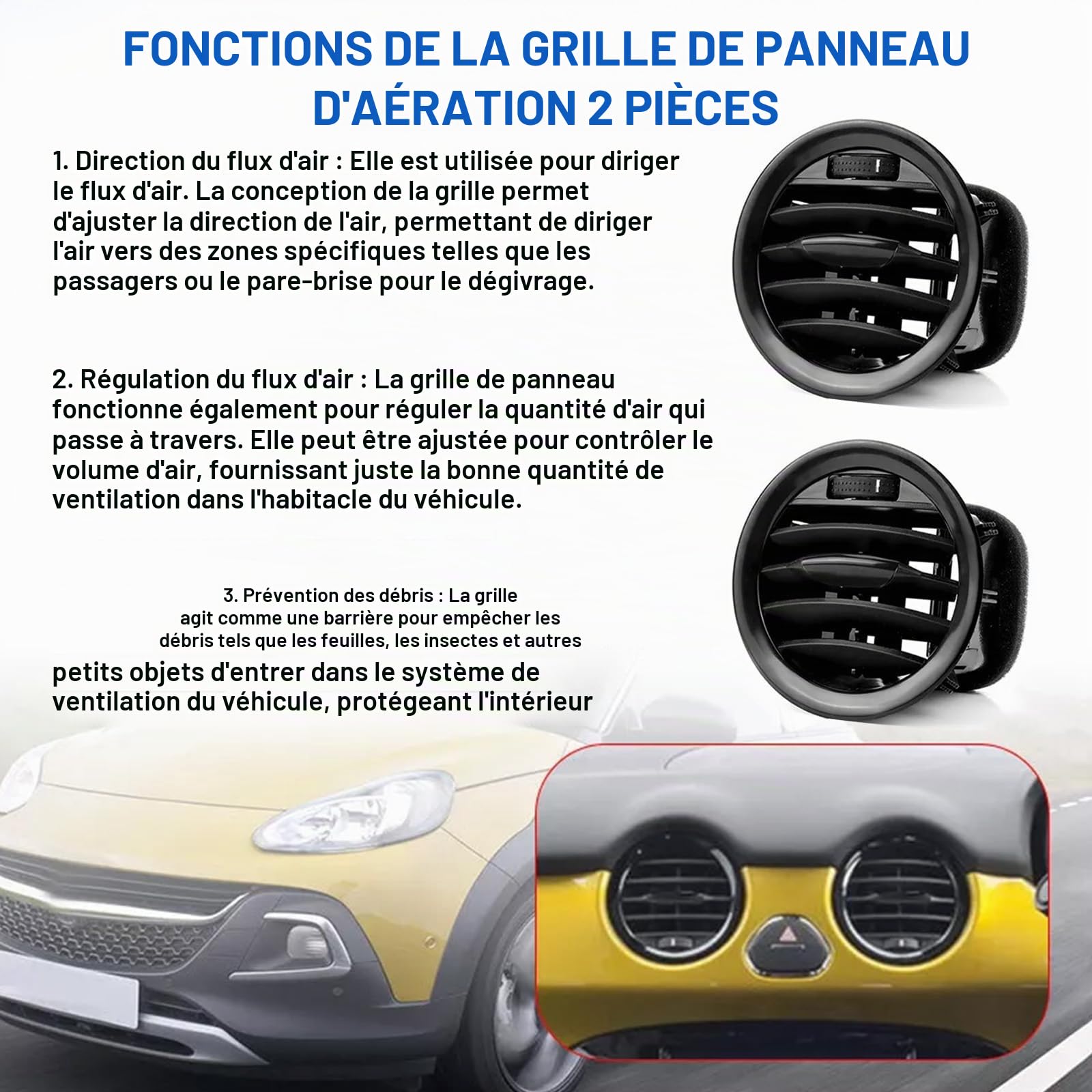 Pack de 2 couvercles de grille d'aération, buse d'air, buses d'aération, grille chromée, compatible avec Opel Adam Corsa D MK3, remplacement pour 13417363 2201099 13363314