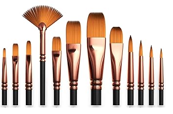 ATOOTFUSION Paint Brush Set of 12, Acrylic Oil Paint Brush Sets for Canvas Painting, Watercolor Face Paint Brushes Set for Adults, Kids, Toddler (Gold Black)