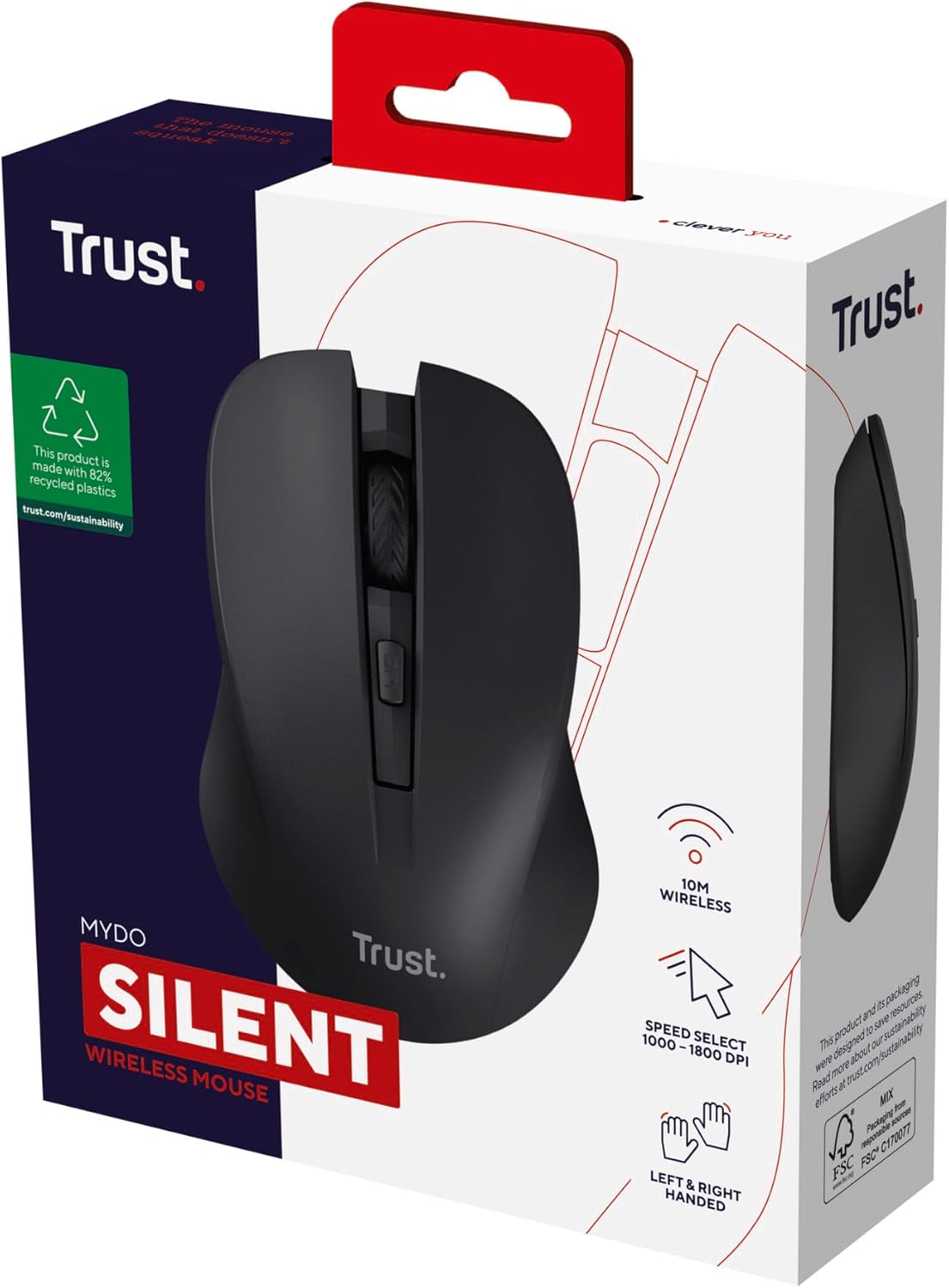 Trust Mydo Ratón Inalámbrico Silencioso, 82% de Plástico Reciclado, 1000-1800 dpi, Microrreceptor USB, RF 2.4GHz, para Diestros y Zurdos, Mouse para Ordenador, Portátil, Mac – Negro 12