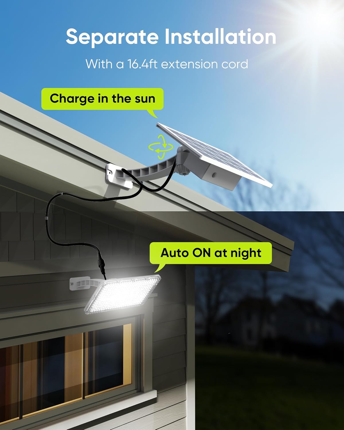 Diagram showing separate installation of the solar panel on a roof for charging and the LED light unit mounted below a window for illumination, connected by a 16.4ft extension cord.