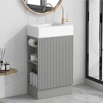 18.6" Small Bathroom Vanity with Sink Combo, Bathroom Vanity Cabinet with Two-Tier Shelf, Left or Right Orientation, MDF Board Bathroom Vanities with Toilet Paper Holder, Grey