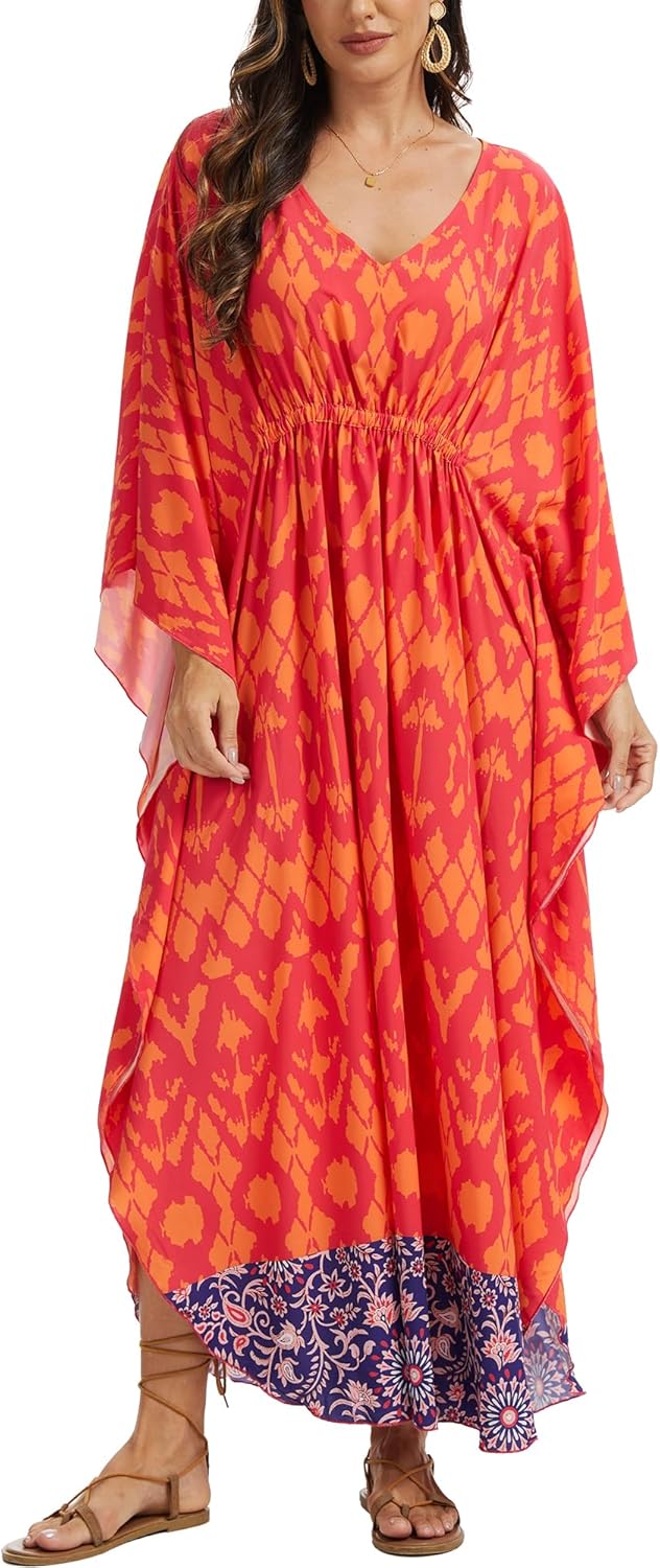 Moss Rose Kaftan Dresses for Women V Neck Summer Swimsuit Cover up Caftan Maxi Beach Dresses