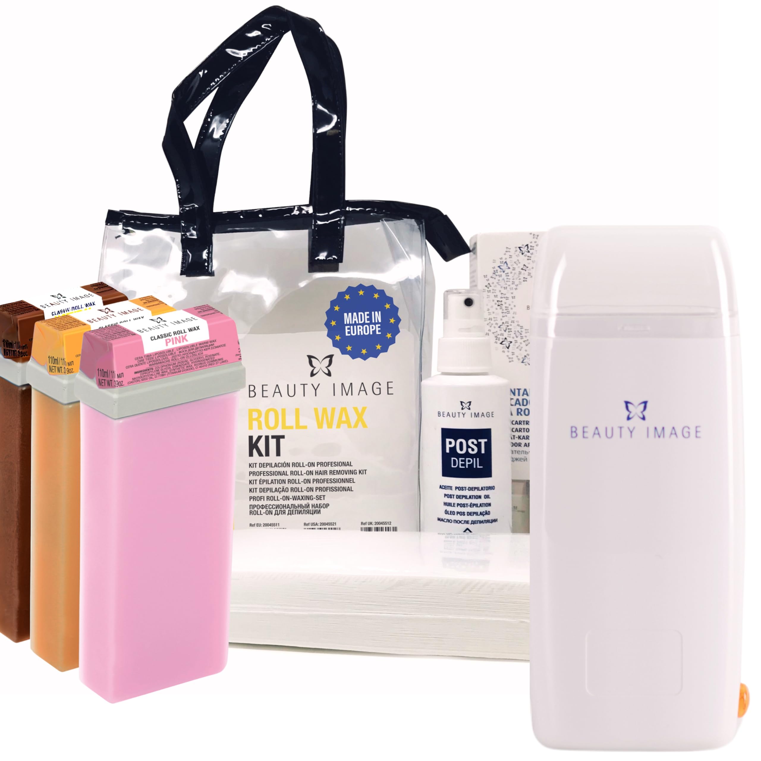 Calentador Cera Roll On Profesional - Kit Completo con Máquina de Cera Roll On - 3 Roll Ons (Natural - Rosa - Chocolate) - 70 Bandas - Aceite Post Depilación - Calentador de Cera Roll On