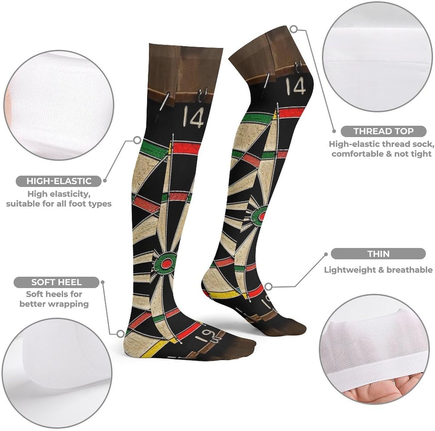 Dart Board Knee High Stockings for Women 23.6" Breathable Thigh High Stockings Over The Knee Socks