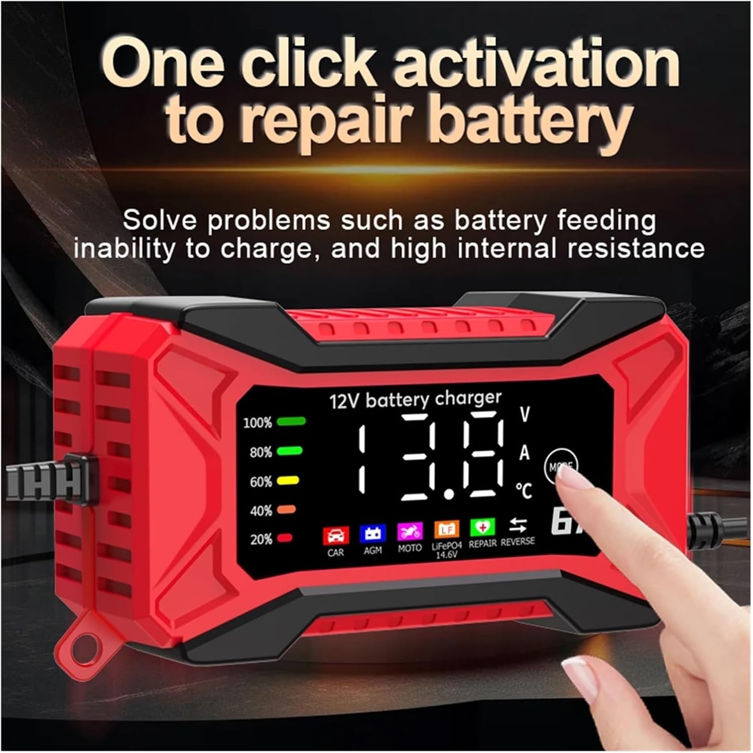 Finger pressing the 'MODE' button on the charger to activate the repair function