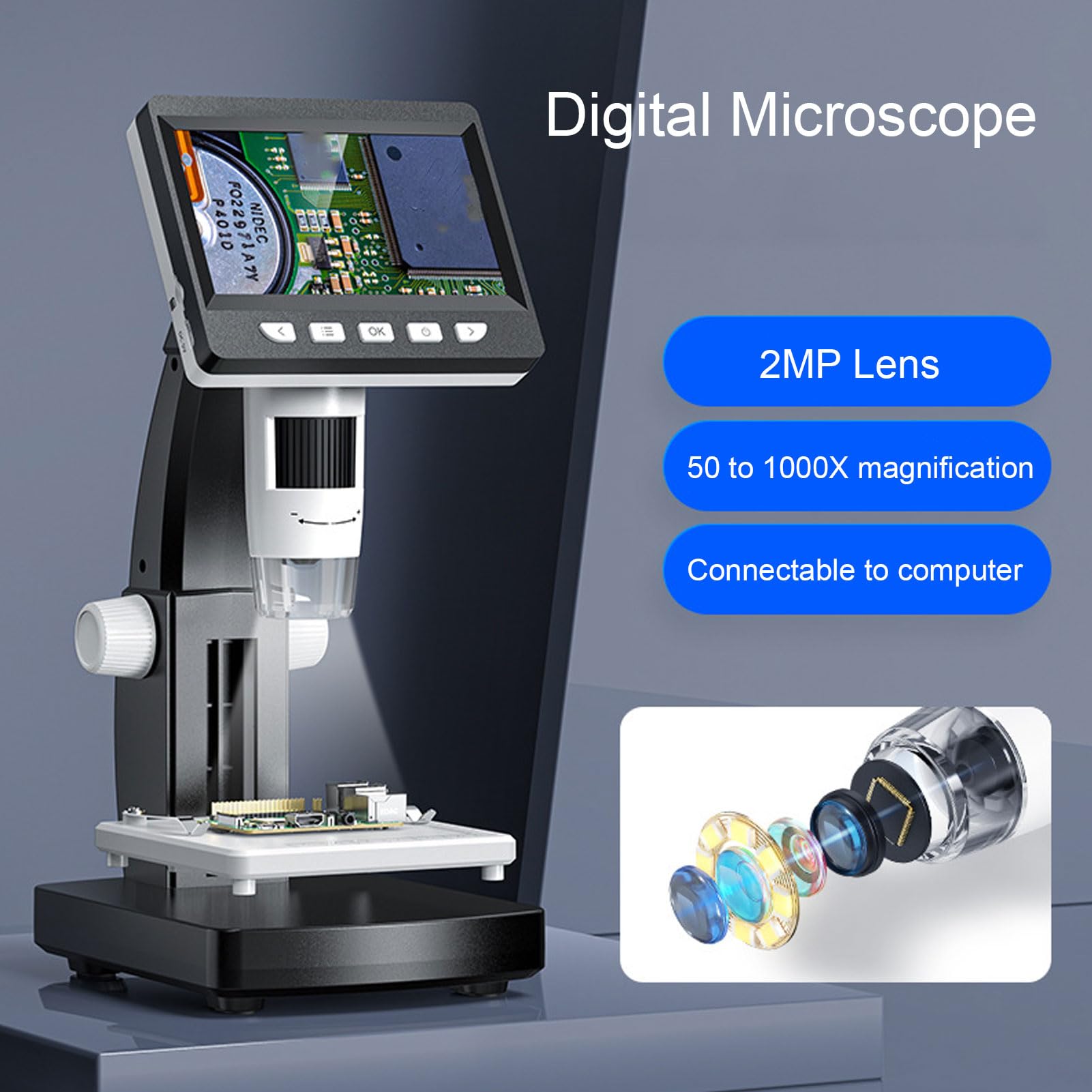 Microscopio digitale con schermo IPS da 4,3 pollici ad alta definizione da 50 a 1000X fotocamera con lente d'ingrandimento elettronica per bambini e adulti