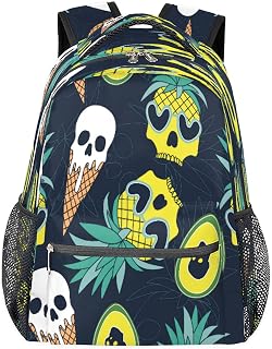 Mochilas para meninos e meninas, mochila escolar com vários bolsos, crânio e abacaxi, impermeável, com alça de ombro ajustável para viagens, caminhadas, acampamento, Multi, Medium, Mochilas Daypack