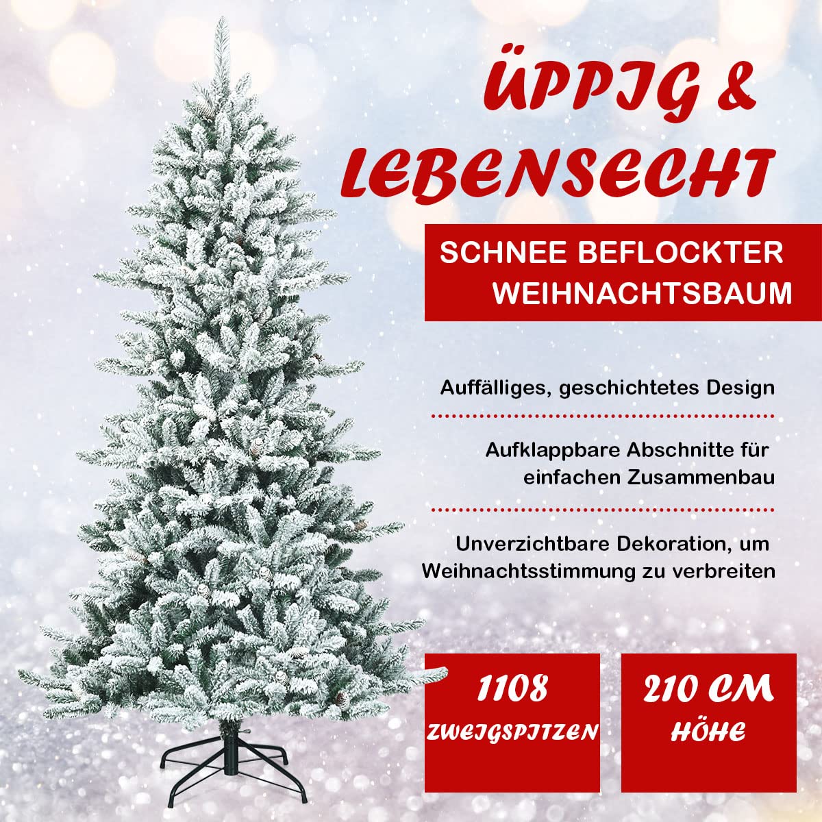 COSTWAY 210cm Künstlicher Bleistift Weihnachtsbaum mit Kiefernzapfen, schneebedeckter Tannenbaum mit Metallständer, Christbaum 1108 Spitzen PVC Nadeln, Kunstbaum Weihnachten Klappsystem