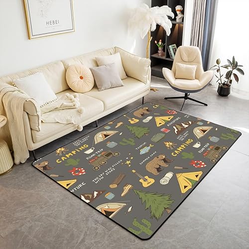 Miniatura 1 de Alfombra Happy Camping para sala de estar, dormitorio, mesita de noche, alfombra de caza de oso y lucio, accesorios para caravana, alfombra