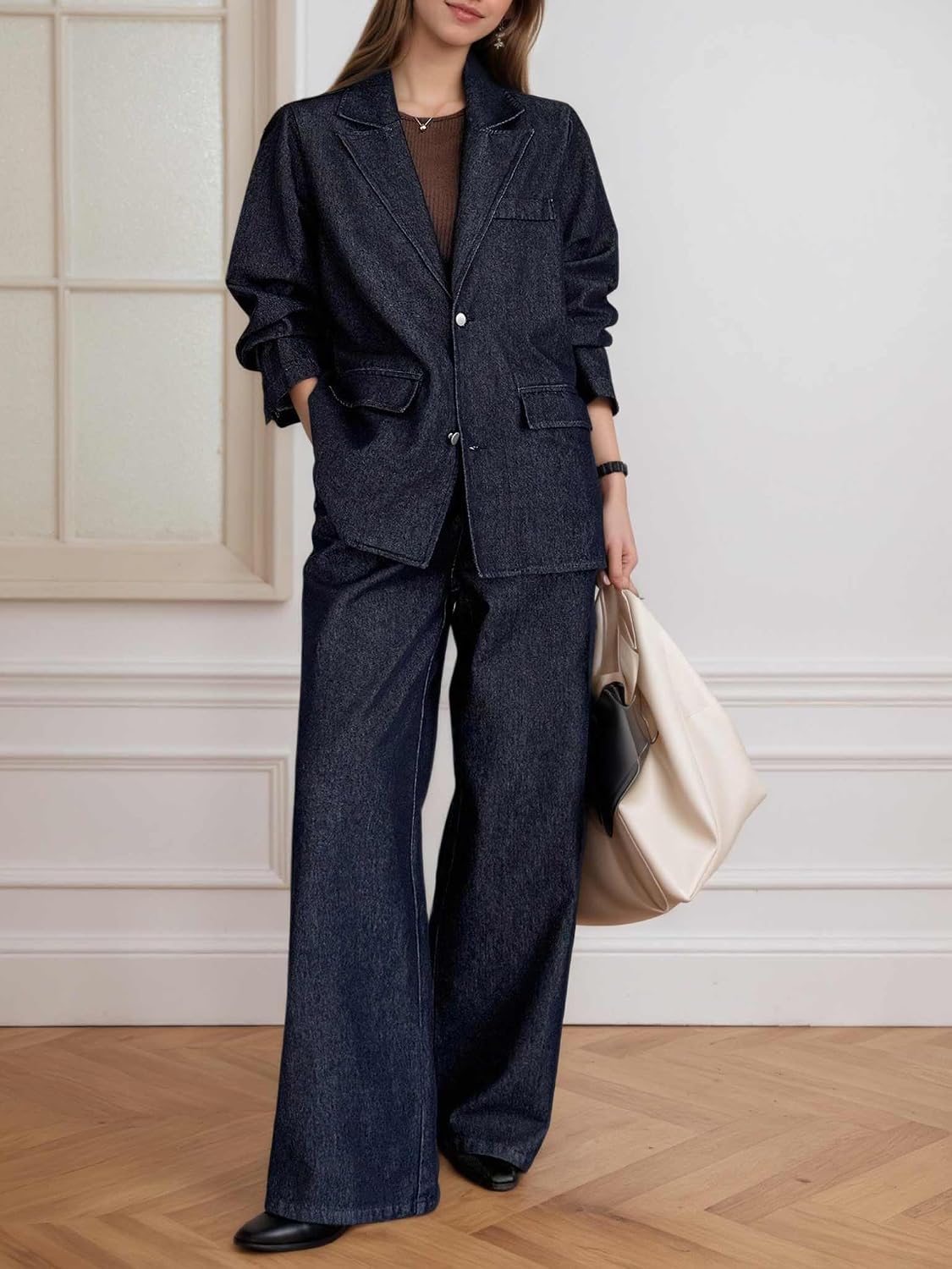 Denim Suits for Women 2 Piece Blazer Set Notched Lapel 2 Button Jacket and Wide Leg Pants Casual Office Outfit