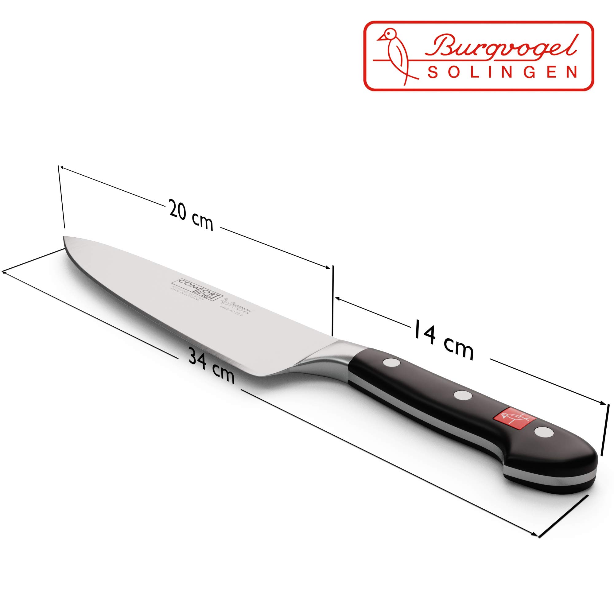 Burgvogel Solingen, Comfort Line, Cuchillo de cocinero, afilado, forjado, 20 cm, inoxidable, apto para lavavajillas, cuchillo de cocina de alta calidad, remachado, negro