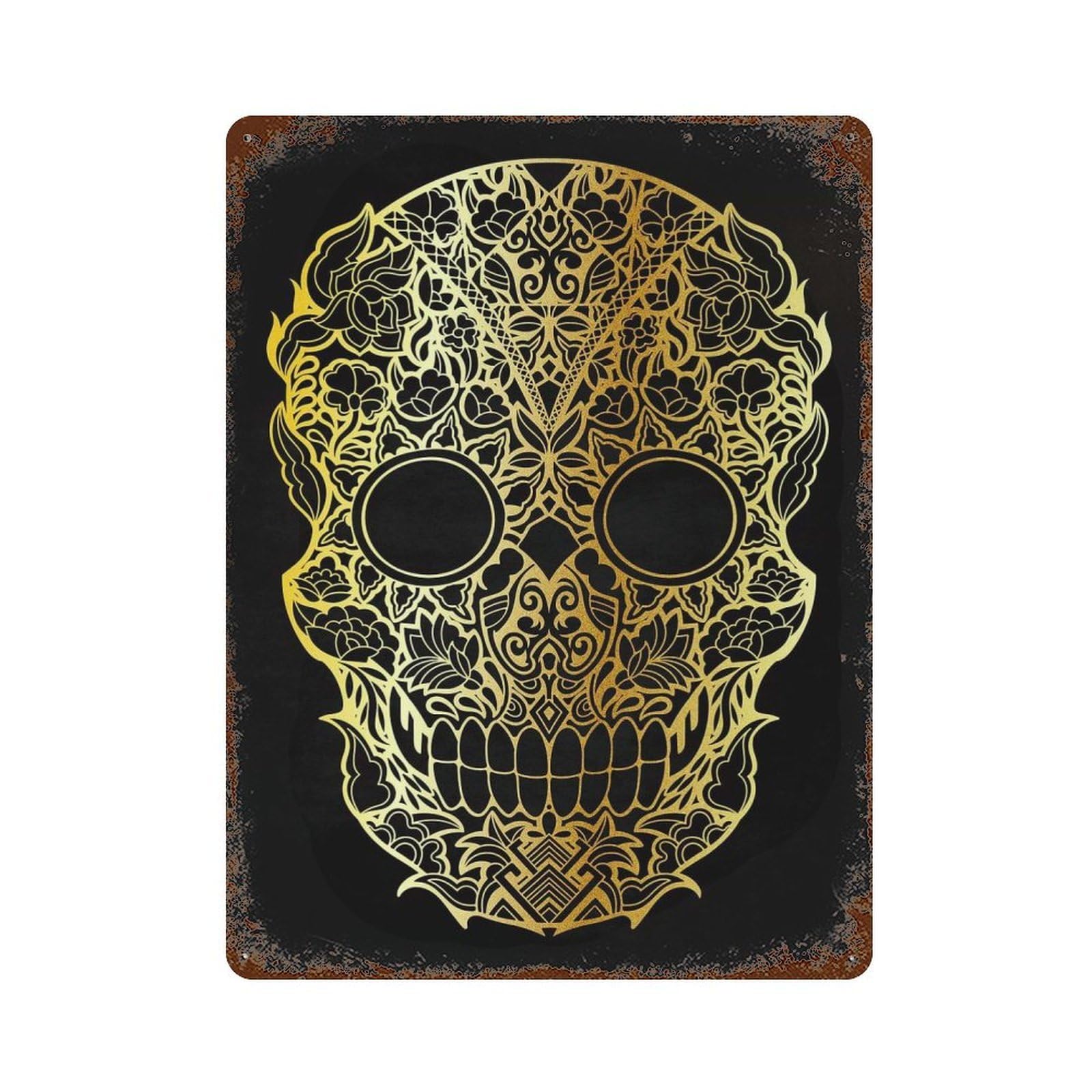 Skull Gold Ornament Rustic Tin Plaque 15.7"x11.8", Ideal for Shed, Workshop And Garage Wall Decor