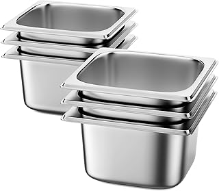 6 Pack Hotel Pans 1/6 Size 4" Deep Steam Table Pan 22 Gauge Anti Jam Stainless Steel Hotel Food Pan