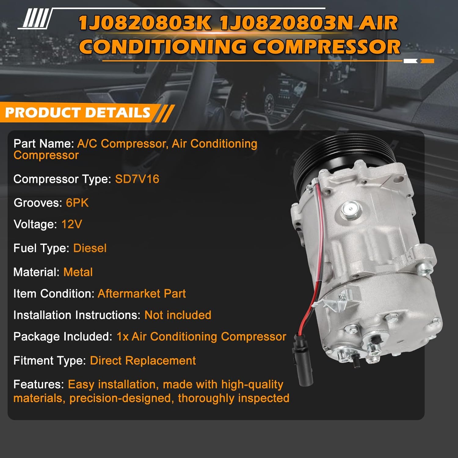 6PK 12V Air Conditioning Compressor for Volks-wagen Jetta Golfs L4 1.8L / 2.0L Engine 1J0820803K 1J0820803N 1J0820803F 7H0820803D 1J0820803E 1J0820803L AC Compressor Replacement Part