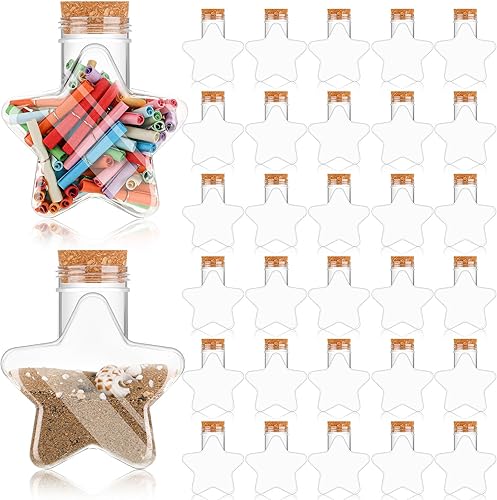 Yinkin 30 botellas de arena de 5.5 onzas con diseño de estrellas, botellas de arena transparente de plástico con tapas, tarros de dulces para