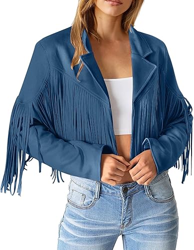Miniatura 2 de EOPUING Faux Leather Jackets for Women 2023 Fashion Moto Biker Jacket Fall Winter Fringe Cowboy Cropped Jacket Cool Cardigan