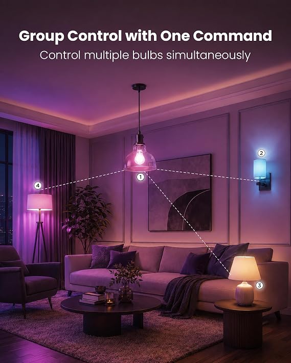 TJOY 4 Pack Smart Light Bulbs, Bluetooth WiFi Led Bulb Work with Alexa &Google Assistant, RGB Color Changing Alexa Bulbs, Music Sync, 2700K-6500K, 9W(60W Equivalent), A19 E26 800LM, 2.4Ghz WiFi only