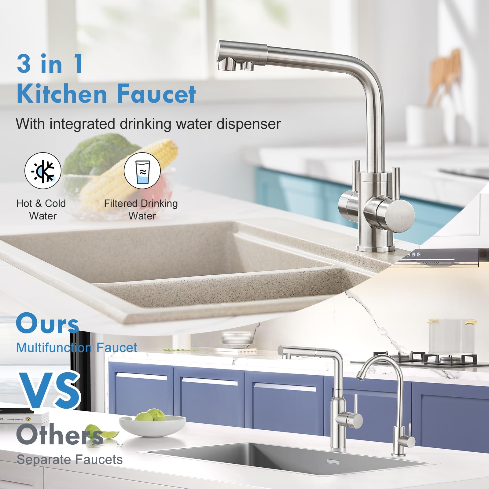 Robinet 3 Voies d'évier Cuisine Double Levier Mitigeur avec Eau Potable pour Systèmes Filtre d'Osmose, brossé