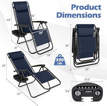 Goplus Zero Gravity Chairs Set of 2, Portable Patio Recliners with Adjustable Backrest & Pillow, Cup Holder Trays, Mesh Seat, Armrests, Ergonomic Folding Lounger Chairs for Camping, Poolside, Patio