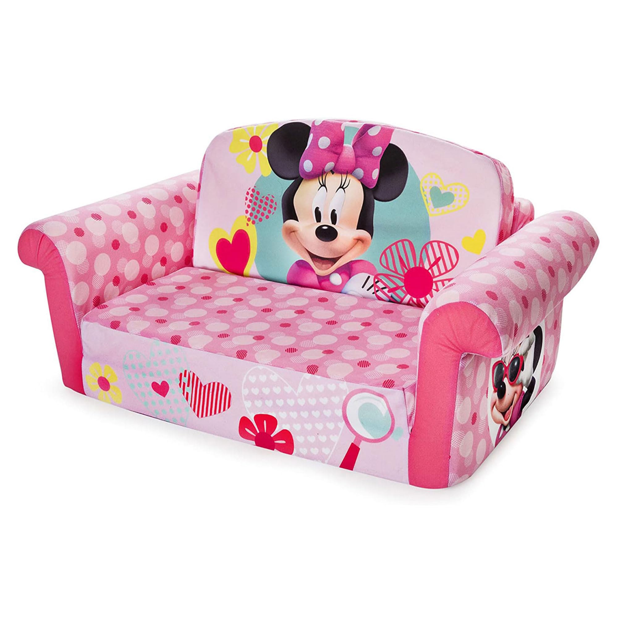 Marshmallow Furniture 2 in 1 Kids Couch, Extendable Sleeper Toddler Couch, Reversible Toddler Chair for Lounging and Sleeping, Minnie Mouse (2 Pack)