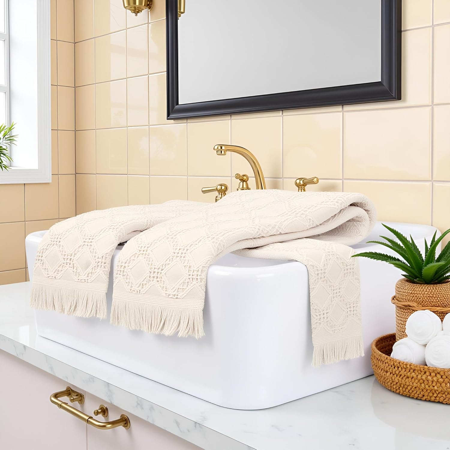 2 Pcs Decorative Boho Hand Towels Bathroom 14X30 100% Cotton Turkish Absorbent Soft Cute Face Bath Towel Set for Farmhouse Boho Bathroom Kitchen Decor Hotel Spa Guest Tea Gift (Beige) - Image 6