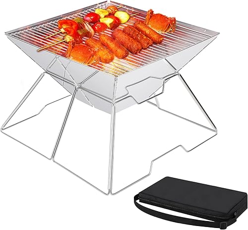 Parrilla de carbón portátil, estante de barbacoa cuadrangular, hoguera plegable de acero inoxidable para acampar, parrilla de mochilero para cocinar