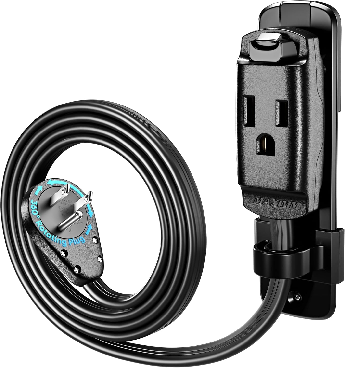 AC Extension Cord 6 Ft, 14AWG, 360 Rotating, Black, Wall Mount, UL