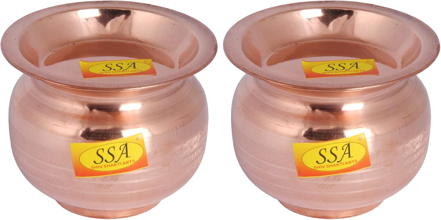 Shiv Shakti Arts Designer Pure Copper Kalash Lota, with Lid -for Temple Use & Pooja Purpose(Silver Touch Design, Vol - 450 ML) - 2 Piece