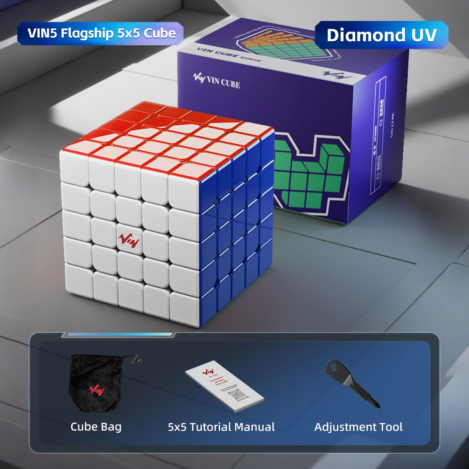 VIN 5x5x5 Speed Cube | Magnetic 5x5 Puzzle Cube with Smooth Stickerless UV Coated Design | Professional Competition Cube for Speedcubing & Brain Training