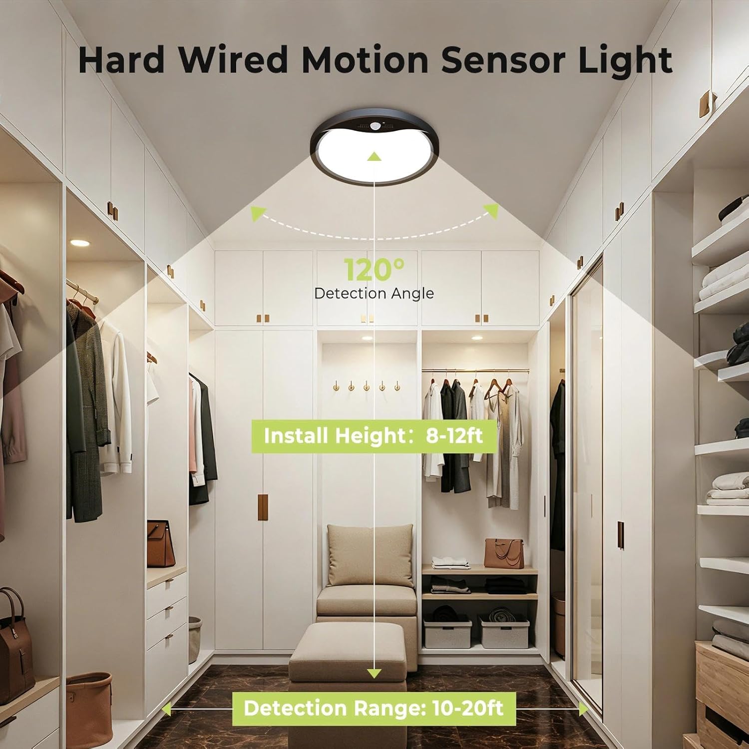 hepside Motion Sensor Ceiling Light Wired, 3000K/4000K/6500K LED Flush Mount Ceiling Light Fixture, 12Inch 24W Motion Sensor Light with Timer for Closet Stair Porch Hallway Pantry,Black