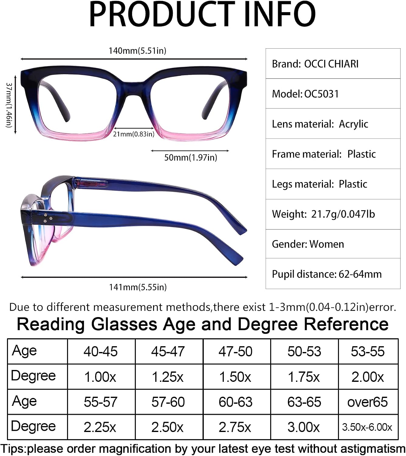 OCCI CHIARI 2.75 Large Reading Glasses for Women Oversized Reader(1.0 1.25 1.5 1.75 2.0 2.25 2.5 2.75 3.0 3.5 4.0)