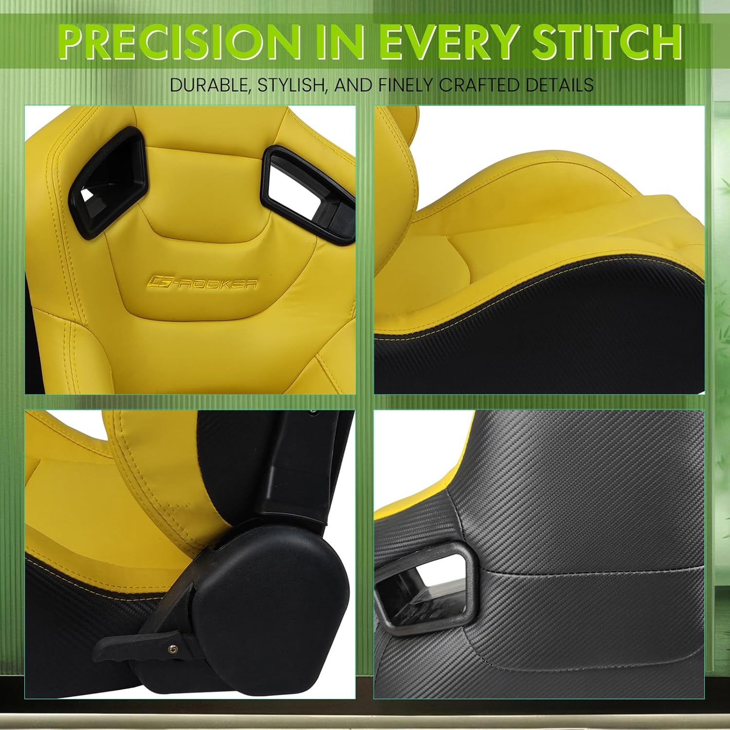 Universal Pairs of Racing Seat with Dual Sliders, PU Leather Front+Carbon Leather Back Reclinable Bucket Seat, Yellow w/LOGO