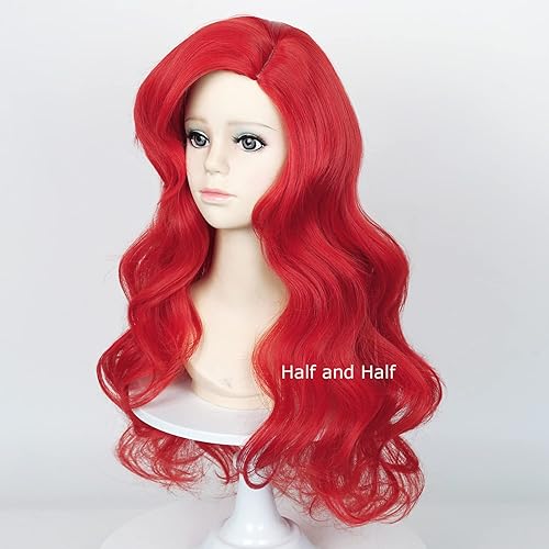 Miniatura 4 de Pelucas de sirena para niños y niñas, 21 pulgadas de largo, peluca de sirena rizada roja para niños, pelucas onduladas con clip de estrella de mar y
