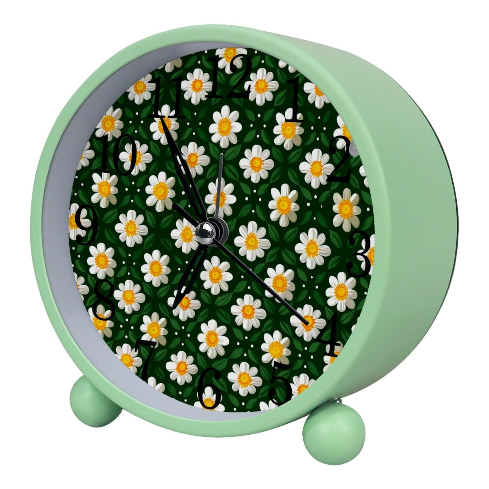 etoenbrc White Daisies Round Battery Operated Bedside Alarm Clock Non-Ticking Desktop Silent Analog Alarm Clock with Light