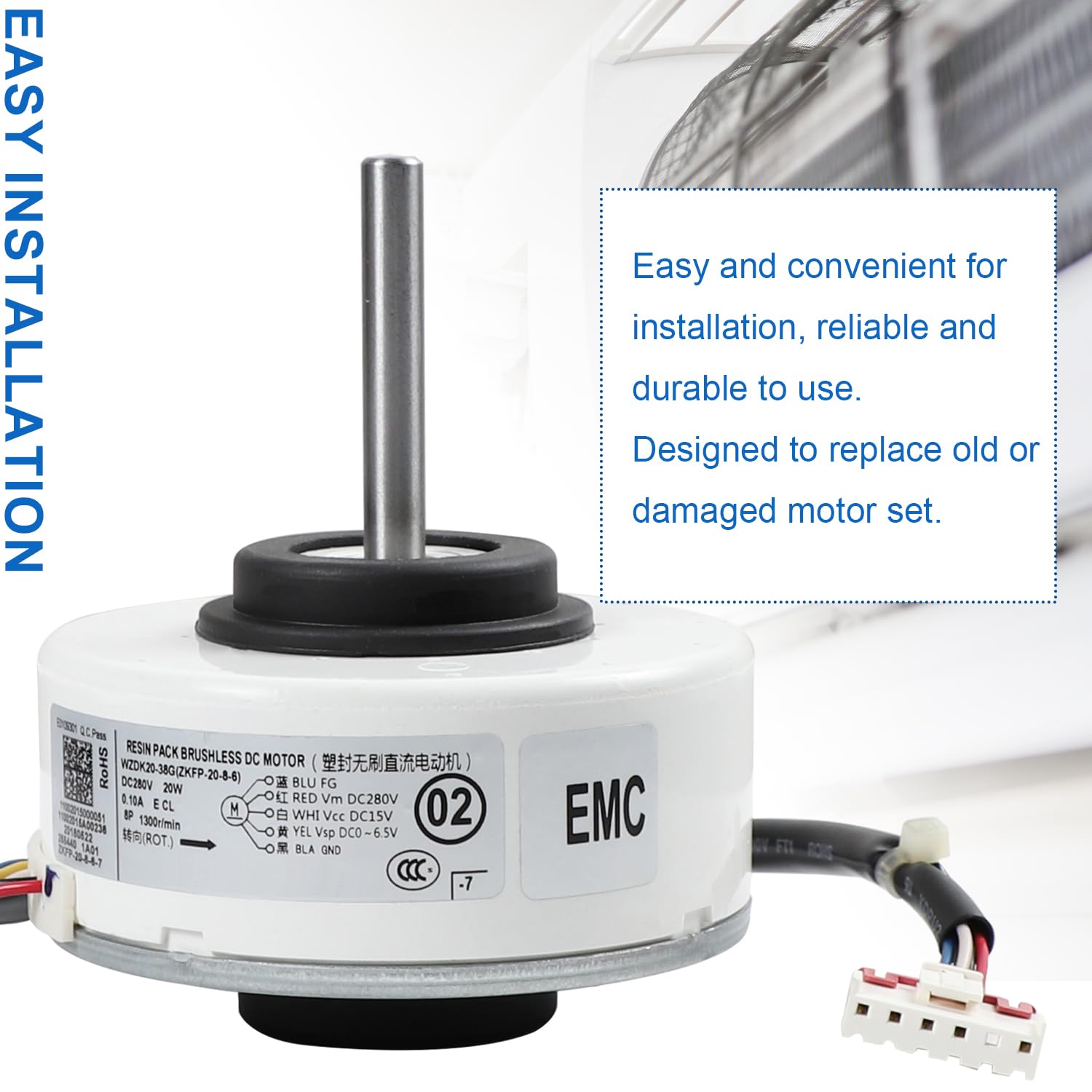 WZDK20-38G (ZKFP-20-8-6) Bürstenloser Gleichstrom-Lüftermotor für Klimaanlage | ZKFP-20-8-6-7 OEM-Teil für Zentralwechselrichter interne Klimaanlage, DC280V 20W 0.10A CCW 1300RPM