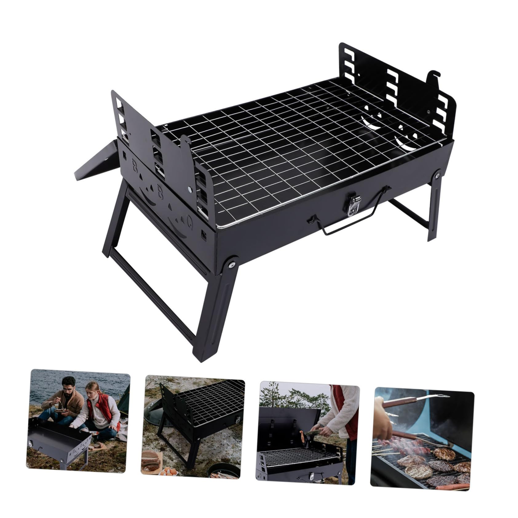 Parrilla de Barbacoa Portátil Plegable de Hierro Negro | Ventilación en Ambos Extremos, Distribución Uniforme del Calor, Uso en Jardín y Bbq