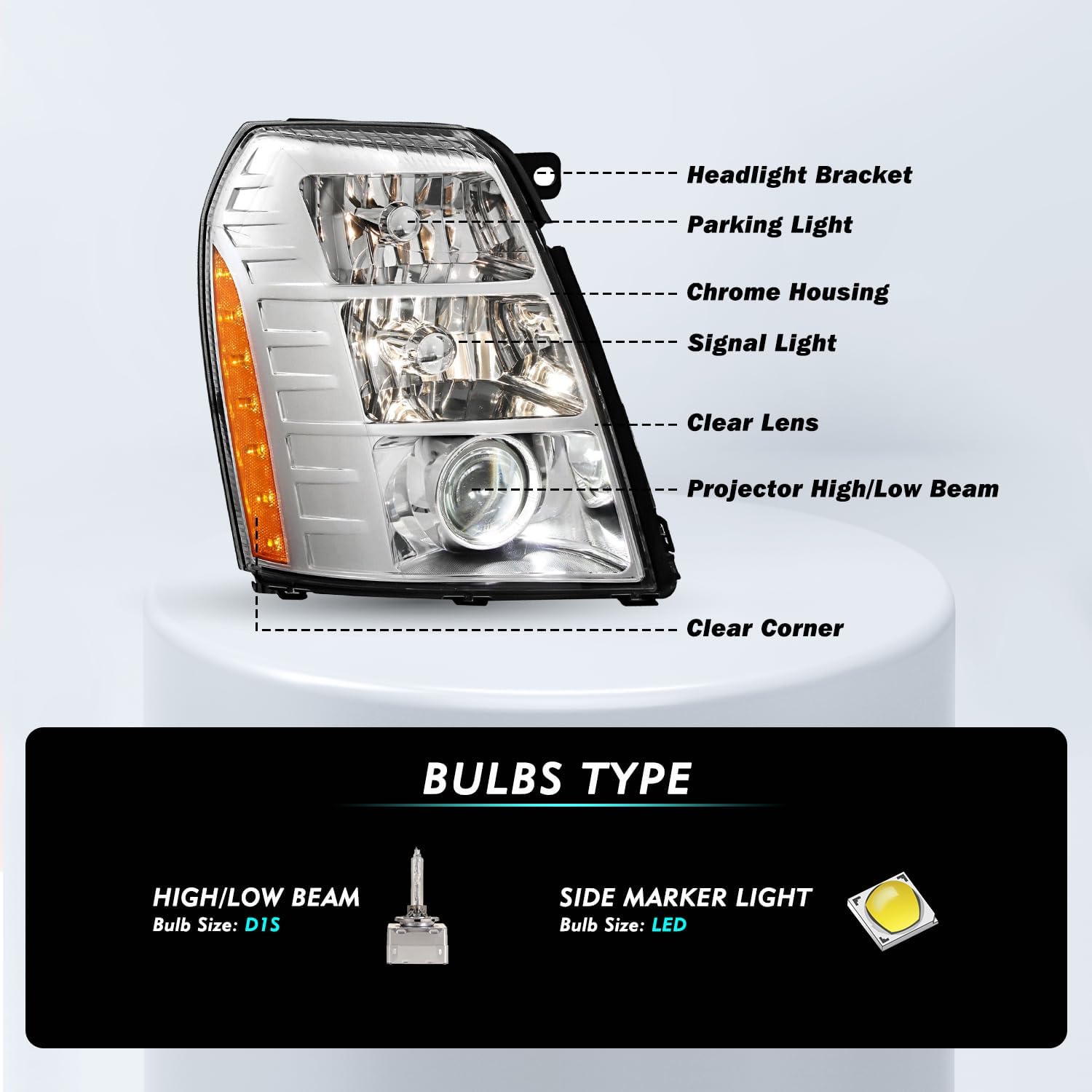 Headlight Assembly Set for 2007-2014 Cadillac Escalade 07-14 HID Projector Headlights Headlamp OE Style Chrome Assembly Driver + Passenger