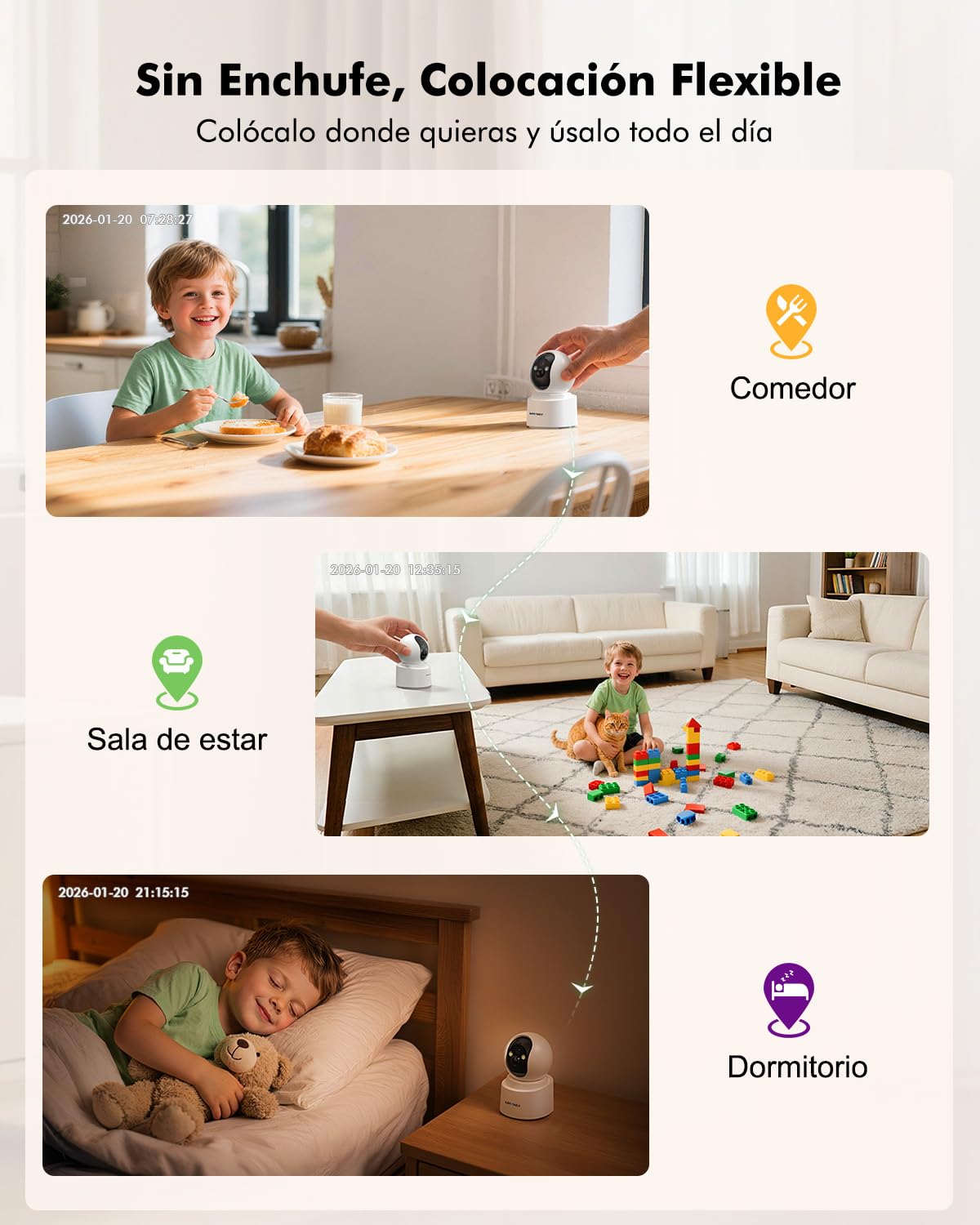 2.5K 4MP Camara Vigilancia WiFi Interior Sin Cable con Batería 6000mAh, 2.4/5GHz WiFi, 360° PTZ, Bebé/Animal/Seguridad para El Hogar, Detección PIR, Visión Nocturna Color, Conexión Bluetooth