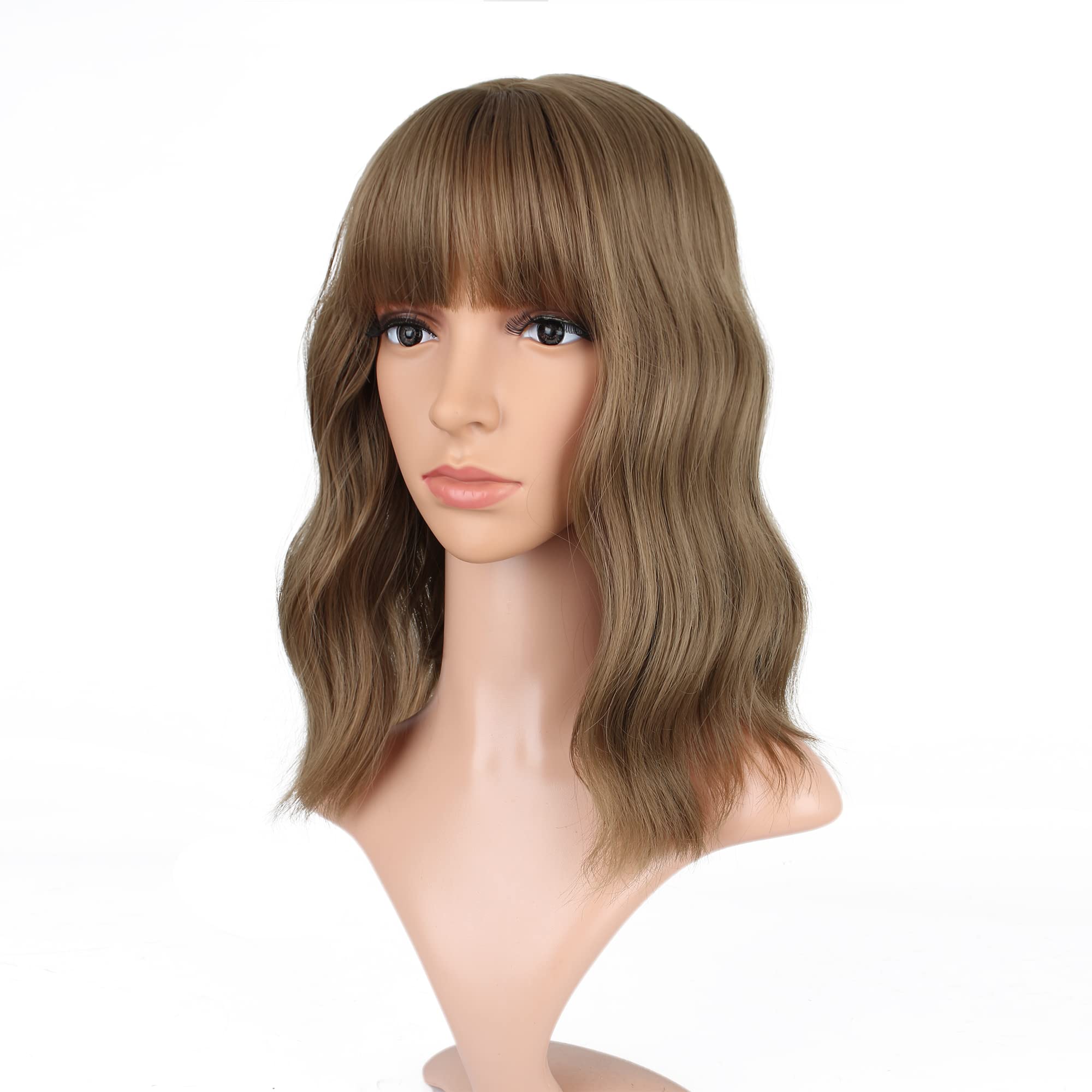 VCKOVCKO Light Brown Curly Bob Wig With Air Bangs Natural Curly Wavy Short Bob Wigs Women's Shoulder Length Wigs Synthetic Cosplay for Girl Colorful Wigs(12",Light Brown)