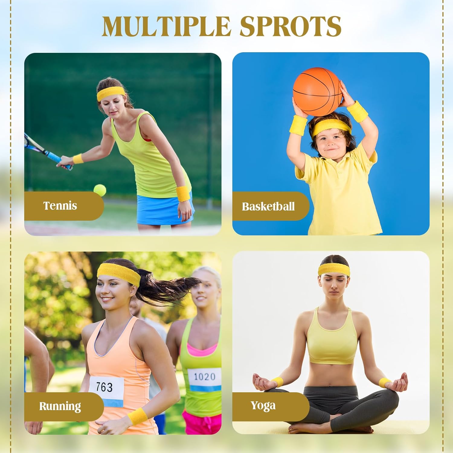 80s Neon Sweatband Set for Women, Headband and Wristbands Cotton Terry for Running Basketball Gym Workout Sports