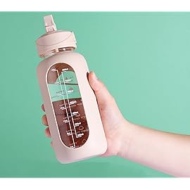 CIVAGO 32 oz Glass Water Bottle with Straw and Handle, Large Sports Motivational Water Bottle Flask with Time Marker and 2 Lids, Leakproof Water Jug Canteen with Silicone Sleeve for Gym,Beige