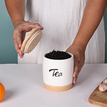 LEETOYI Ceramic Food Storage Containers with Lid,Modern Farmhouse Kitchen Decor, Countertop Food Storage Caddy Organizer, 33oz (Labeled Tea)