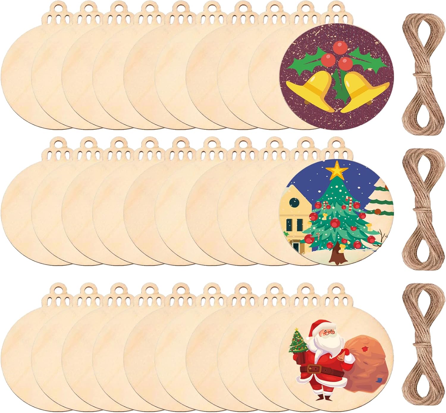 pojah 60Pcs Wood Slices,3.5" Wooden Christmas Ornaments,Unfinished Predrilled Wood Circles for Crafts Centerpieces,DIY Round Wooden Discs Hanging Decorations 3.5 Inches-60