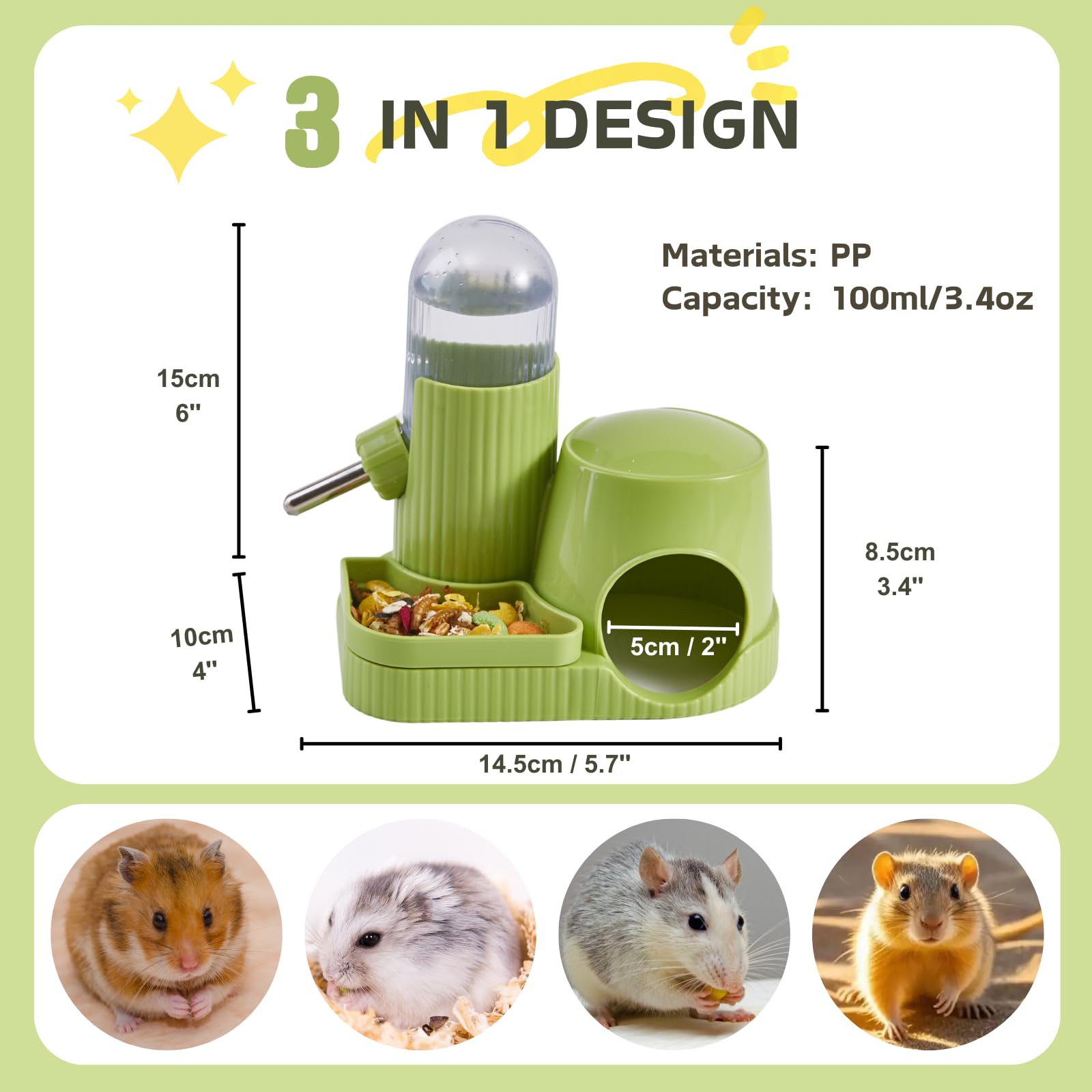 Bebedero 3en1 para Hámster Dispensador Automático Antifugas con Comedero y Base Escondite para Gerbil Rata Hámster Enano Ratón (Verde, 100ml) — view 6