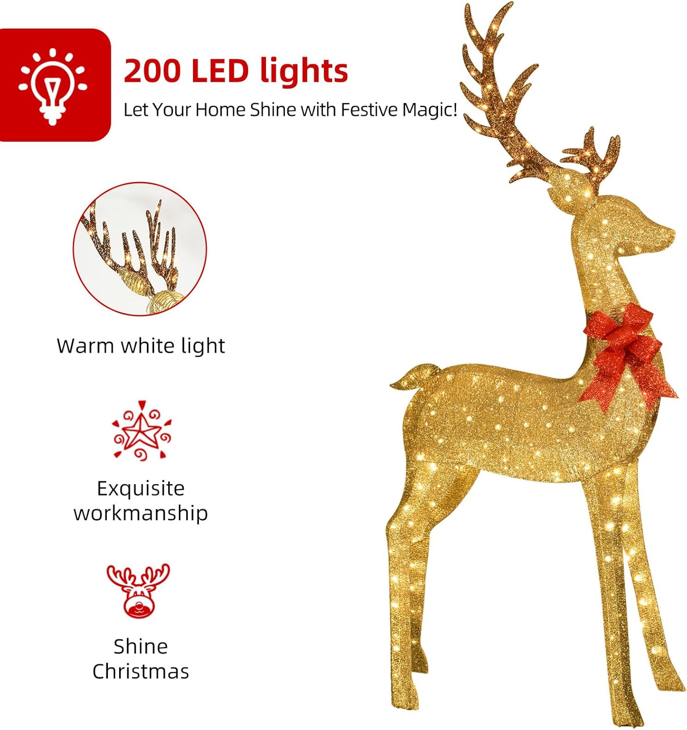 8.8 Ft Lighted Outdoor Christmas Deer - HOYECHI Christmas Decor Outside Lighted Huge Buck with 200 LED Lights, for Front Yard Porch Gardens Lawns Party Parks Malls - Gold